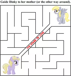 Size: 956x1024 | Tagged: safe, artist:durpy, artist:tawaki, derpibooru import, derpy hooves, dinky hooves, pegasus, pony, unicorn, cute, derpabetes, dinkabetes, female, filly, mare, maze, text, the power of love, unconventional solution, wormhole