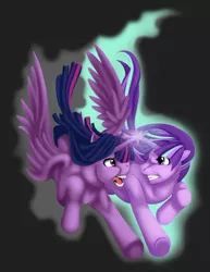 Size: 1280x1657 | Tagged: safe, artist:jennobasilicum, derpibooru import, starlight glimmer, twilight sparkle, twilight sparkle (alicorn), alicorn, pony, unicorn, angry, black background, duo, female, fight, glowing horn, gritted teeth, horn, levitation, magic, mare, raised hoof, raised leg, self-levitation, simple background, telekinesis