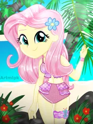 Size: 1800x2400 | Tagged: safe, artist:artmlpk, derpibooru import, fluttershy, equestria girls, adorable face, adorasexy, adorkable, beach, beautiful, bikini, bracelet, clothes, cute, digital art, dork, flower, flower in hair, jewelry, looking at you, ocean, outfit, palm tree, plant, rock, sand, scrunchie, sexy, shyabetes, smiling, smiling at you, solo, sunflare, swimsuit, tree, watermark