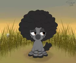 Size: 6000x5000 | Tagged: safe, artist:skunk bunk, derpibooru import, oc, unofficial characters only, zebra, afro, brown eyes, clearing, cute, detailed background, female, field, filly, foal, grass, hooves, sitting, smiling, smirk, smug, solo, stripes, sun, zebra oc