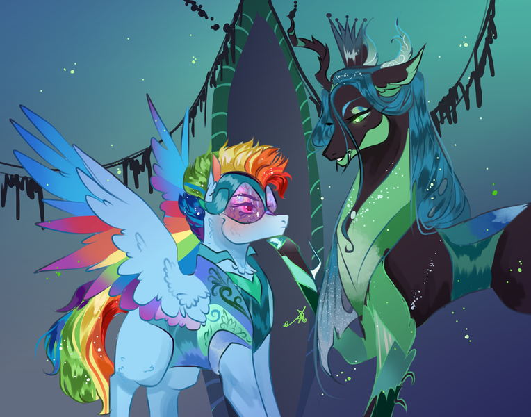 Size: 1716x1348 | Tagged: safe, artist:bunnari, derpibooru import, queen chrysalis, rainbow dash, changeling, changeling queen, pegasus, pony, alternate design, alternate universe, chrysadash, female, lesbian, mare, shipping