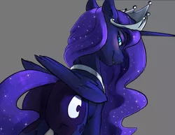 Size: 1275x986 | Tagged: suggestive, artist:silfoe, derpibooru import, edit, editor:childofthenight, nightmare moon, alicorn, pony, moonsetmlp, alternate universe, blushing, butt, crown, ethereal mane, female, gray background, jewelry, looking at you, looking back, looking back at you, mare, nightmare moonbutt, plot, rear view, regalia, simple background, slit eyes, slit pupils, solo, solo female, starry mane