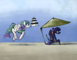 Size: 3300x2550 | Tagged: safe, artist:rigbyh00ves, derpibooru import, princess celestia, princess luna, alicorn, pony, alternate hairstyle, beach, beach chair, beach umbrella, cake, cakelestia, clothes, duo, female, folded wings, food, luna is not amused, mare, mood contrast, mouth hold, outdoors, prancing, royal sisters, shirt, siblings, sisters, sitting, smiling, unamused, vacation, varying degrees of amusement, wings
