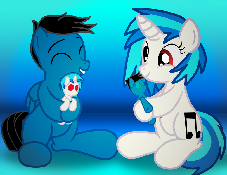 Size: 8544x6600 | Tagged: safe, artist:agkandphotomaker2000, derpibooru import, vinyl scratch, oc, oc:pony video maker, pegasus, pony, unicorn, canon x oc, female, holding a plushie, hug, hugging a plushie, male, plushie, shipping, show accurate, simple background, smiling, straight, videoscratch