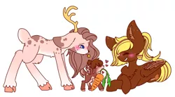 Size: 1398x771 | Tagged: antlers, blushing, body markings, carrot, deer, deer pony, derpibooru import, female, filly, flower, food, oc, oc:capricot, oc:caramel hearts, oc:lilly melon, original species, pegasus, peryton, safe, simple background, white background