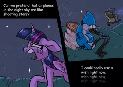 Size: 4299x3036 | Tagged: safe, artist:jimmyjamno1, derpibooru import, twilight sparkle, twilight sparkle (alicorn), alicorn, pony, aeroplanes and meteor showers, b.o.b., crossover, crossover shipping, crying, female, male, mare, meme, mordecai, mordetwi, muscle man, redraw mordetwi meme, regular show, shipping, song reference, straight, tree stump, why