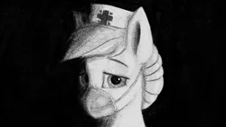 Size: 1280x720 | Tagged: safe, artist:dummyhorse, derpibooru import, nurse redheart, earth pony, pony, bust, face mask, female, lidded eyes, looking at you, mare, portrait, ppe, solo, three quarter view, traditional art
