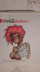 Size: 540x960 | Tagged: artist:noi reptilian, athletic tape, bandage, bandages on wrist, barely pony related, bottomless, breasts, clenched fist, clothes, coca-cola, dark skin, derpibooru import, determination, determined, determined look, female, females only, fighter, fist, fit, hand wraps, human, humanized, humanized oc, left handed, looking to side, moderate dark skin, oc, oc:milly scratch, partial nudity, red eyes, red hair, rude, serious, serious face, simple background, solo, solo female, spanish, suggestive, tomboy, traditional art, unofficial characters only, white background, wrist wraps