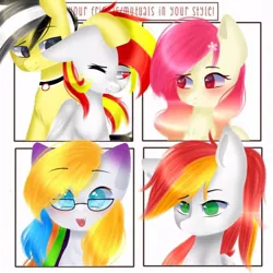 Size: 768x768 | Tagged: safe, artist:speedyflashh, derpibooru import, oc, unofficial characters only, earth pony, pegasus, pony, :p, blushing, bust, choker, earth pony oc, eyebrows visible through hair, flower, flower in hair, glasses, multicolored hair, one eye closed, pegasus oc, rainbow hair, tongue out, wings, wink