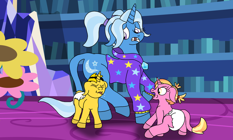 Size: 5030x3030 | Tagged: safe, artist:estories, artist:lynnthenerdkitty, derpibooru import, luster dawn, trixie, oc, oc:bumblebee, pony, unicorn, alternate hairstyle, babysitter trixie, clothes, diaper, gameloft, gameloft interpretation, hoodie, leonine tail, raspberry, tongue out