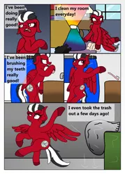 Size: 2167x3030 | Tagged: safe, artist:lynnthenerdkitty, derpibooru import, oc, oc:shatter, pegasus, pony, comic, solo, toothbrush, trash bag