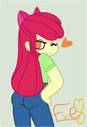 Size: 492x720 | Tagged: suggestive, artist:ebithebluecat99, artist:paige-the-unicorn, derpibooru import, apple bloom, equestria girls, adorabloom, adorasexy, anime style, apple bloom's bow, ass, belt, bloom butt, bow, butt, chibi, clothes, cute, female, hair bow, hand on hip, heart, jeans, looking at you, looking back, looking back at you, one eye closed, pants, sexy, shirt, signature, simple background, solo, solo female, wink, winking at you