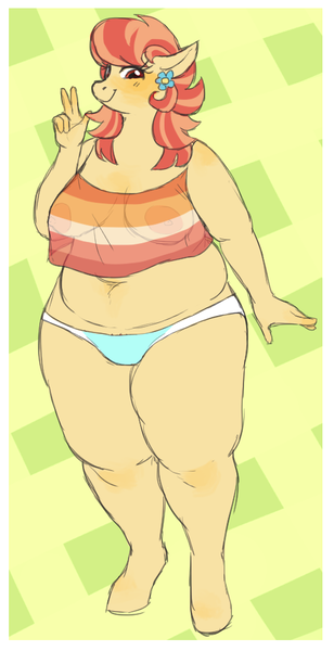 Size: 494x961 | Tagged: questionable, artist:cottoncloudy, derpibooru import, aunt holiday, anthro, earth pony, areola, blushing, breasts, chubby, cis, cis girl, clothes, fat, female, fupa, lesbian, lesbian pride flag, lgbt, lgbt flag, lgbtq, looking at you, milf, nipples, no tail, nudity, panties, peace sign, pride, pride flag, see-through, simple background, smiling, solo, underwear