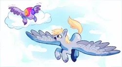 Size: 1600x889 | Tagged: safe, artist:mylittlegami, derpibooru import, derpy hooves, oc, oc:mild glow, pegasus, pony, cloud, female, filly, flying, flying lesson, lying on a cloud, magical lesbian spawn, mare, mother and child, mother and daughter, offspring, on a cloud, parent:derpy hooves, parent:twilight sparkle, parents:twerpy, solo