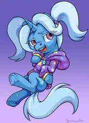 Size: 3728x5192 | Tagged: safe, artist:moonseeker, derpibooru import, trixie, unicorn, alternate hairstyle, babysitter trixie, clothes, hoodie, open mouth, purple background, simple background, solo