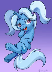 Size: 3728x5192 | Tagged: safe, alternate version, artist:moonseeker, derpibooru import, trixie, unicorn, alternate hairstyle, babysitter trixie, clothes, hoodie, open mouth, purple background, simple background, solo
