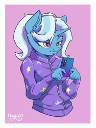 Size: 2880x3840 | Tagged: safe, artist:danli69, derpibooru import, trixie, anthro, unicorn, alternate hairstyle, babysitter trixie, clothes, ear fluff, female, gameloft, gameloft interpretation, hoodie, jacket, mare, mobile phone, phone, pigtails, pink background, simple background, smartphone, smiling, solo, twintails