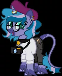 Size: 1250x1531 | Tagged: safe, artist:n0kkun, derpibooru import, oc, oc:feather frame, pony, unicorn, beret, black background, camera, choker, clothes, ear piercing, earring, female, glasses, hat, horn, horn ring, jeans, jewelry, leonine tail, mare, markings, open mouth, paintbrush, pants, piercing, ring, simple background, solo, sweater, unshorn fetlocks, wedding ring