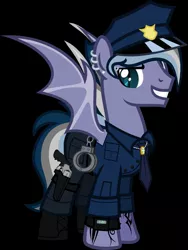 Size: 1250x1666 | Tagged: safe, artist:n0kkun, derpibooru import, oc, oc:night storm (ice1517), bat pony, pony, bat pony oc, bat wings, black background, boots, clothes, cuffs, ear piercing, earring, eyebrow piercing, grin, gun, handgun, hat, holster, jewelry, male, multicolored hair, necklace, necktie, pants, piercing, police, police hat, police officer, revolver, ring, shirt, shoes, simple background, smiling, solo, stallion, tattoo, watch, weapon, wedding ring, wings, wristwatch