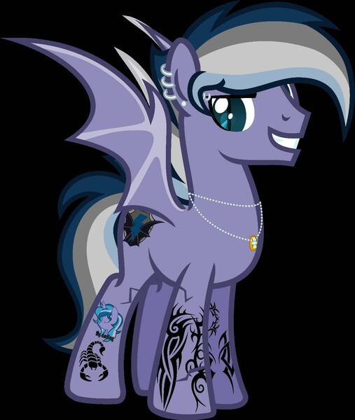 Size: 1250x1478 | Tagged: safe, artist:n0kkun, derpibooru import, oc, oc:night storm (ice1517), bat pony, pony, bat pony oc, bat wings, black background, ear piercing, earring, eyebrow piercing, grin, jewelry, male, multicolored hair, necklace, piercing, ring, simple background, smiling, solo, stallion, tattoo, wedding ring, wings