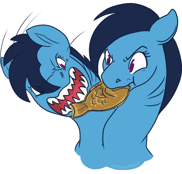 Size: 1885x1806 | Tagged: artist:darkodraco, derpibooru import, eating, multiple heads, oc, oc:azure & azule twofin, original species, safe, shark, shark pony, simple background, taiyaki, teeth, transparent background, two heads