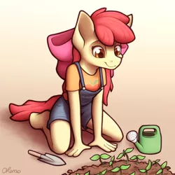 Size: 2000x2000 | Tagged: safe, artist:ohemo, derpibooru import, apple bloom, anthro, earth pony, unguligrade anthro, adorabloom, atg 2020, clothes, cute, female, image, kneeling, newbie artist training grounds, overalls, plant, planting, png, solo, trowel, watering can