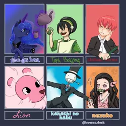 Size: 768x768 | Tagged: safe, artist:rowno.desk, derpibooru import, princess luna, alicorn, big cat, human, lion, pony, six fanarts, akabane, akabane karma, assassination classroom, avatar the last airbender, bit gag, clothes, confused, crossover, cup, demon slayer, ethereal mane, female, gag, glowing horn, hat, hoof shoes, horn, howl's moving castle, lion (steven universe), magic, male, mare, nezuko kamado, open mouth, peytral, question mark, smiling, starry mane, steven universe, teacup, teapot, telekinesis, top hat, toph bei fong