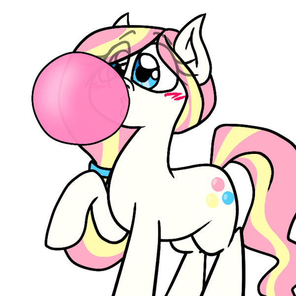 Size: 650x650 | Tagged: safe, artist:alittleofsomething, derpibooru import, oc, oc:bubble burst, unofficial characters only, earth pony, blowing, blushing, bubble, bubblegum, female, food, gum, mare, raised hoof, solo