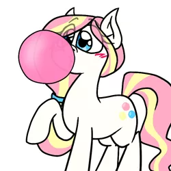 Size: 650x650 | Tagged: safe, artist:alittleofsomething, derpibooru import, oc, oc:bubble burst, unofficial characters only, earth pony, blowing, blushing, bubble, bubblegum, female, food, gum, mare, raised hoof, solo