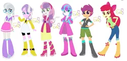 Size: 1969x947 | Tagged: safe, artist:ebithebluecat99, artist:selenaede, derpibooru import, apple bloom, diamond tiara, princess flurry heart, scootaloo, silver spoon, sweetie belle, equestria girls, apple bloom's bow, belt, boots, bow, clothes, cutie mark crusaders, dress, equestria girls-ified, glasses, hair bow, hand on hip, high heel boots, hoodie, jacket, jeans, jewelry, looking at you, necklace, older, older apple bloom, older cmc, older diamond tiara, older flurry heart, older scootaloo, older silver spoon, older sweetie belle, pants, pose, shirt, shoes, shorts, signature, simple background, skirt, white background