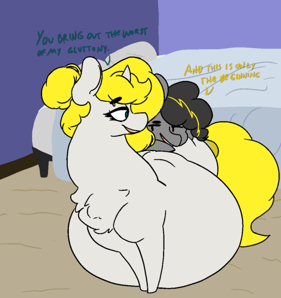 Size: 1041x1101 | Tagged: questionable, artist:somefrigginnerd, derpibooru import, bon bon, lyra heartstrings, sweetie drops, oc, oc:bug-zapper, oc:snow veil, earth pony, pony, unicorn, anal vore, belly, big belly, dialogue, digestion, female, fetish, mare, post-vore, story in the source, unbirthing, vore