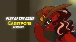 Size: 3840x2160 | Tagged: safe, artist:cadetredshirt, derpibooru import, mccree, oc, oc:cadetpone, unofficial characters only, earth pony, pony, alternate hairstyle, cowboy hat, crossover, glasses, green eyes, hat, hat tip, looking at you, missing accessory, play of the game, silly, simple background, smiling, smirk, solo, toothpick, two toned hair
