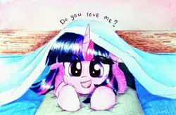 Size: 3342x2191 | Tagged: safe, artist:liaaqila, derpibooru import, twilight sparkle, twilight sparkle (alicorn), alicorn, pony, bed, bronybait, commission, cute, daaaaaaaaaaaw, dialogue, eye clipping through hair, looking at you, smiling, solo, traditional art, twiabetes