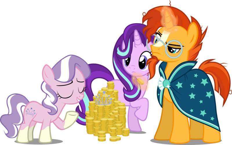 Size: 4150x2596 | Tagged: safe, artist:drakizora, artist:slb94, artist:sonofaskywalker, artist:tardifice, derpibooru import, edit, editor:slayerbvc, vector edit, diamond tiara, starlight glimmer, sunburst, earth pony, unicorn, accessory-less edit, bits, clothes, coin, female, filly, glasses, jewelry, looking down, magic, male, mare, missing accessory, money, ponies wearing sunburst's socks, raised hoof, robe, simple background, skeptical, sockless sunburst, socks (coat marking), stallion, sunburst's glasses, sunburst's robe, tiara, transparent background, vector