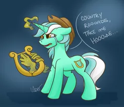 Size: 2288x1980 | Tagged: safe, artist:cadetredshirt, derpibooru import, lyra heartstrings, pony, unicorn, accessory theft, applejack's hat, country roads (song), cowboy hat, crying, digital art, floppy ears, hand, hat, john denver, lyre, magic, magic hands, musical instrument, playing instrument, sad, simple background, singing, solo, song reference, two toned mane, two toned tail, west virginia