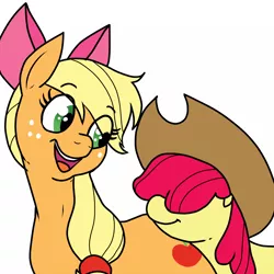 Size: 1500x1500 | Tagged: safe, artist:pony quarantine, derpibooru import, apple bloom, applejack, earth pony, pony, /mlp/, 4chan, accessory swap, adorabloom, apple bloom's bow, applejack's hat, bow, cowboy hat, cute, drawthread, eye clipping through hair, female, filly, hair bow, hair over eyes, hat, jackabetes, mare, simple background, white background