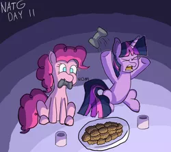 Size: 1800x1600 | Tagged: safe, artist:zeronixma, derpibooru import, pinkie pie, twilight sparkle, pony, atg 2020, controller, cookie, cup, female, food, gaming, mare, newbie artist training grounds, nom, rage quit