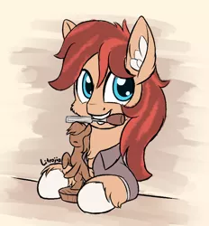 Size: 650x700 | Tagged: safe, artist:litrojia, derpibooru import, oc, oc:cottonwood kindle, unofficial characters only, earth pony, pony, atg 2020, cheek fluff, chisel, clothes, ear fluff, figurine, looking at you, mouth hold, newbie artist training grounds, shirt, smiling, solo, unshorn fetlocks