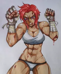 Size: 1386x1689 | Tagged: abs, anime, artist:noi reptilian, athletic tape, bandage, bandages on wrist, barely pony related, belly button, bicep, biceps, bleeding, blood, blood stains, bottomless, bra, breasts, cleavage, clenched fist, clothes, commission, derpibooru import, determined, determined look, dripping blood, female, fighter, fighting stance, fist, fit, hand wraps, happy, human, humanized, humanized oc, implied fight, injured, looking at you, martial arts, moderate dark skin, muscles, muscular female, narrowed eyes, oc, oc:milly scratch, panties, partial nudity, red eyes, red hair, rude, simple background, sleeveless, smiley face, smiling, smiling at you, solo, solo female, sports bra, sports panties, standing, suggestive, thong, tomboy, toned, traditional art, underwear, unofficial characters only, wall of tags, white background, white bra, white underwear, wrist wraps