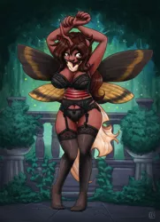 Size: 1812x2500 | Tagged: absolute cleavage, anthro, anthro oc, armpits, artist:king-kakapo, belly button, big breasts, black underwear, bra, breasts, changeling, changeling oc, cleavage, clothes, commission, derpibooru import, female, frilly underwear, garter belt, insect, lacy underwear, lingerie, moth, mothling, neck fluff, oc, oc:red flux, original species, panties, plantigrade anthro, pose, red changeling, ribbon, smiling, socks, solo, solo female, species swap, spread wings, stockings, suggestive, thigh highs, underwear, unofficial characters only, wings