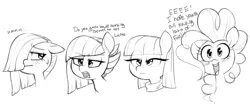 Size: 2191x909 | Tagged: safe, artist:whydomenhavenipples, derpibooru import, limestone pie, marble pie, maud pie, pinkie pie, earth pony, blushing, bust, cute, dialogue, excited, female, floppy ears, happy, mare, monochrome, pie sisters, portrait, siblings, sisters, varying degrees of amusement, varying degrees of want