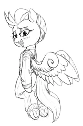 Size: 1293x1959 | Tagged: safe, artist:whydomenhavenipples, derpibooru import, lightning dust, pegasus, pony, bedroom eyes, clothes, female, flying, frog (hoof), hoofbutt, lineart, looking at you, mare, monochrome, smiling, solo, underhoof