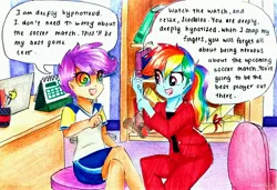 Size: 3402x2322 | Tagged: safe, artist:liaaqila, derpibooru import, rainbow dash, scootaloo, human, equestria girls, 2020, 2020s, blouse, bookshelf, calender, chair, clothes, computer, cute, cutealoo, desk, duo, female, hypnosis, hypnotherapy, hypnotist, hypnotized, laptop computer, office, open mouth, pants, pendulum swing, pocket watch, ponytail, psychiatrist, shirt, shorts, sitting, smiling, speech bubble, swirly eyes, tomboy