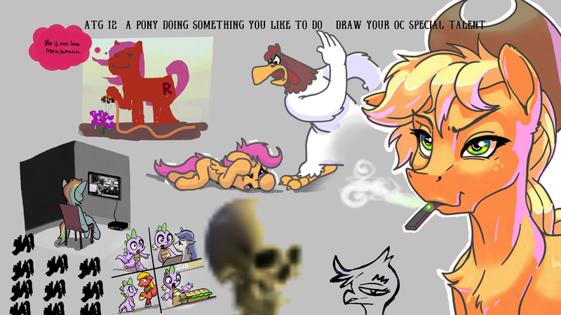 Size: 1920x1080 | Tagged: safe, artist:ponyhell, derpibooru import, applejack, big macintosh, rainbow dash, scootaloo, spike, oc, gryphon, pony, abuse, atg 2020, chair, child abuse, clerks, foghorn leghorn, food, iwtcird, loss (meme), meme, newbie artist training grounds, scootabuse, skull, sub sandwich, subway, television, vape, watering