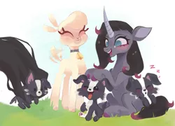 Size: 1266x913 | Tagged: safe, artist:switchsugar, derpibooru import, fhtng th§ ¿nsp§kbl, oleander (tfh), pom lamb, classical unicorn, dog, sheep, unicorn, them's fightin' herds, adorapom, awwleander, bell, blushing, cloven hooves, community related, cute, eyes closed, female, happy, head scratch, lamb, leonine tail, onomatopoeia, open mouth, puppy, sheepdog, sitting, sleeping, smiling, sound effects, tail wag, unshorn fetlocks, zzz