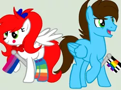 Size: 1043x777 | Tagged: safe, artist:circuspaparazzi5678, derpibooru import, oc, oc:blue stemware, oc:circus paparazzi, pegasus, pony, base used, bisexual, bisexual pride flag, bow, bowtie, british pony, clothes, clown makeup, pride, pride flag, pride month, rainbow socks, socks, straight ally, straight ally flag, striped socks