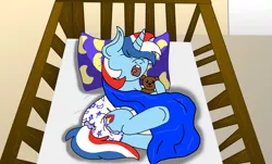 Size: 5030x3030 | Tagged: safe, artist:lynnthenerdkitty, derpibooru import, oc, oc:steel justice, pony, unicorn, adult foal, blanket, commission, crib, diaper, diaper fetish, eyes closed, fetish, pillow, sleeping, solo, teddy bear, underhoof, yawn