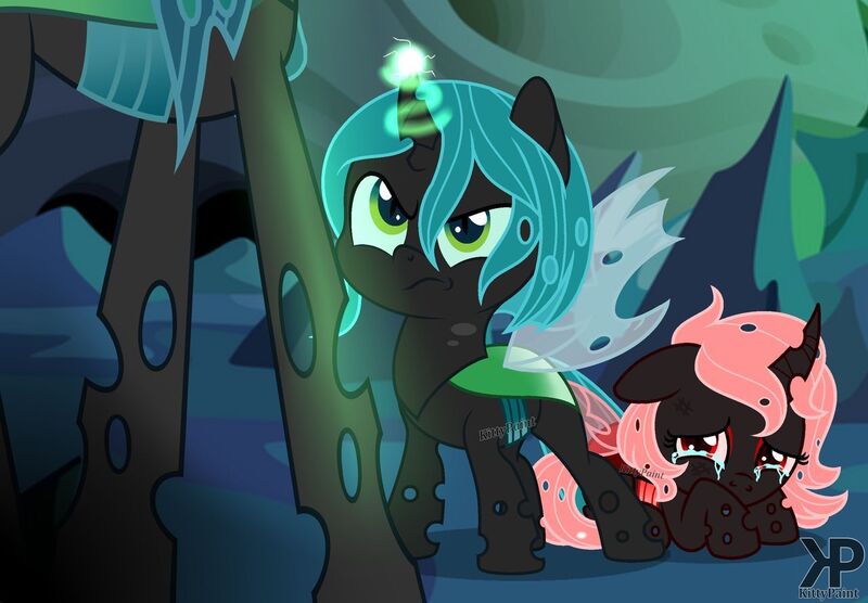 Size: 1280x889 | Tagged: artist:kittypaintyt, changeling, changeling oc, crying, derpibooru import, next generation, oc, oc:iridessa, oc:julius, parent:queen chrysalis, queen chrysalis, red changeling, safe