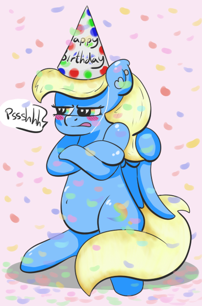 Size: 416x630 | Tagged: safe, artist:fortes-feather, derpibooru import, oc, oc:forté, unofficial characters only, pegasus, pony, belly button, birthday, blushing, chubby, confetti, crossed arms, ear fluff, ear piercing, grumpy, happy birthday, hat, huffy, party hat, piercing, pouting, simple background, solo, speech bubble, text