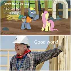 Size: 2896x2896 | Tagged: safe, derpibooru import, edit, edited screencap, screencap, fluttershy, hard hat (character), earth pony, human, pegasus, pony, fluttershy leans in, barely pony related, construction, habitat for humanity, irl, irl human, jimmy carter, meme, obligatory pony, photo